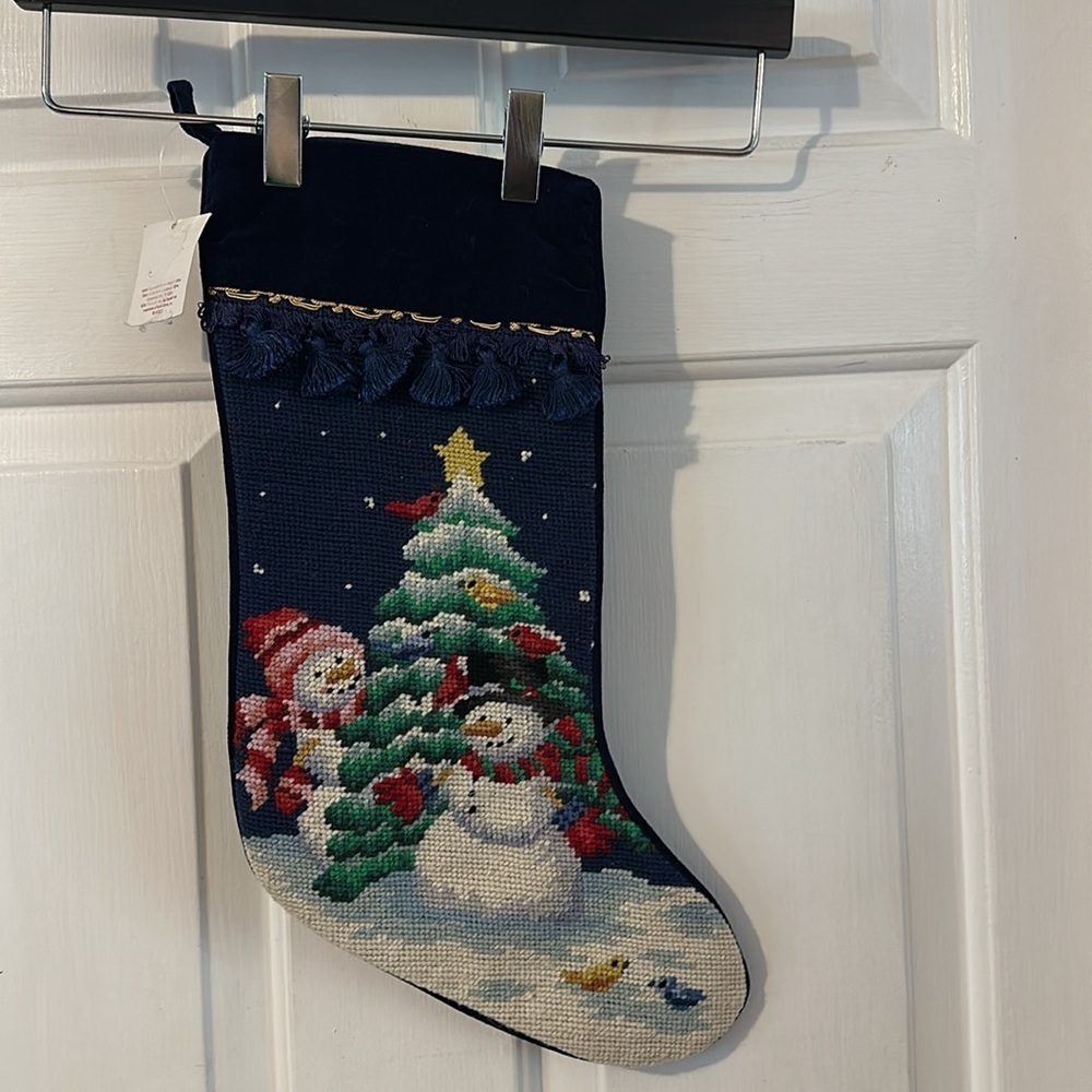 NWT St. Nicholas Square Handmade Wool Needlepoint Snowman Christmas Stocking